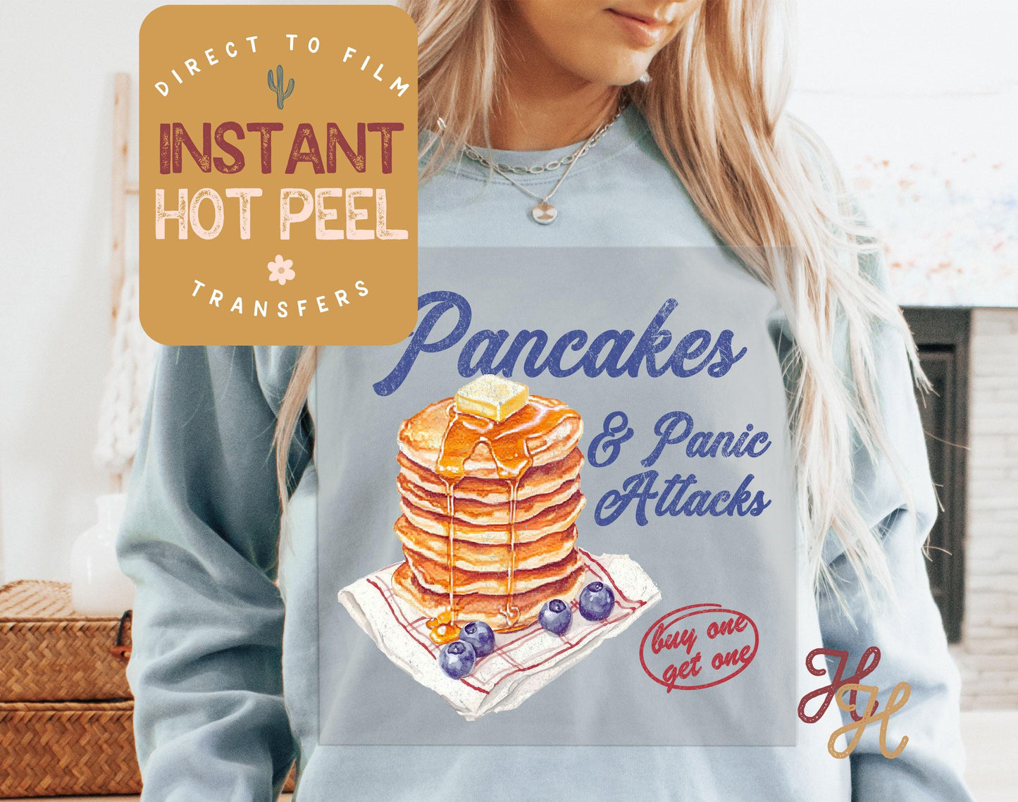 Pancakes and Panic Attacks Direct to Film Transfer, DTG Transfer, Ready for Press Transfers, DTG Sheet, Funny Mental Health Shirt Prints