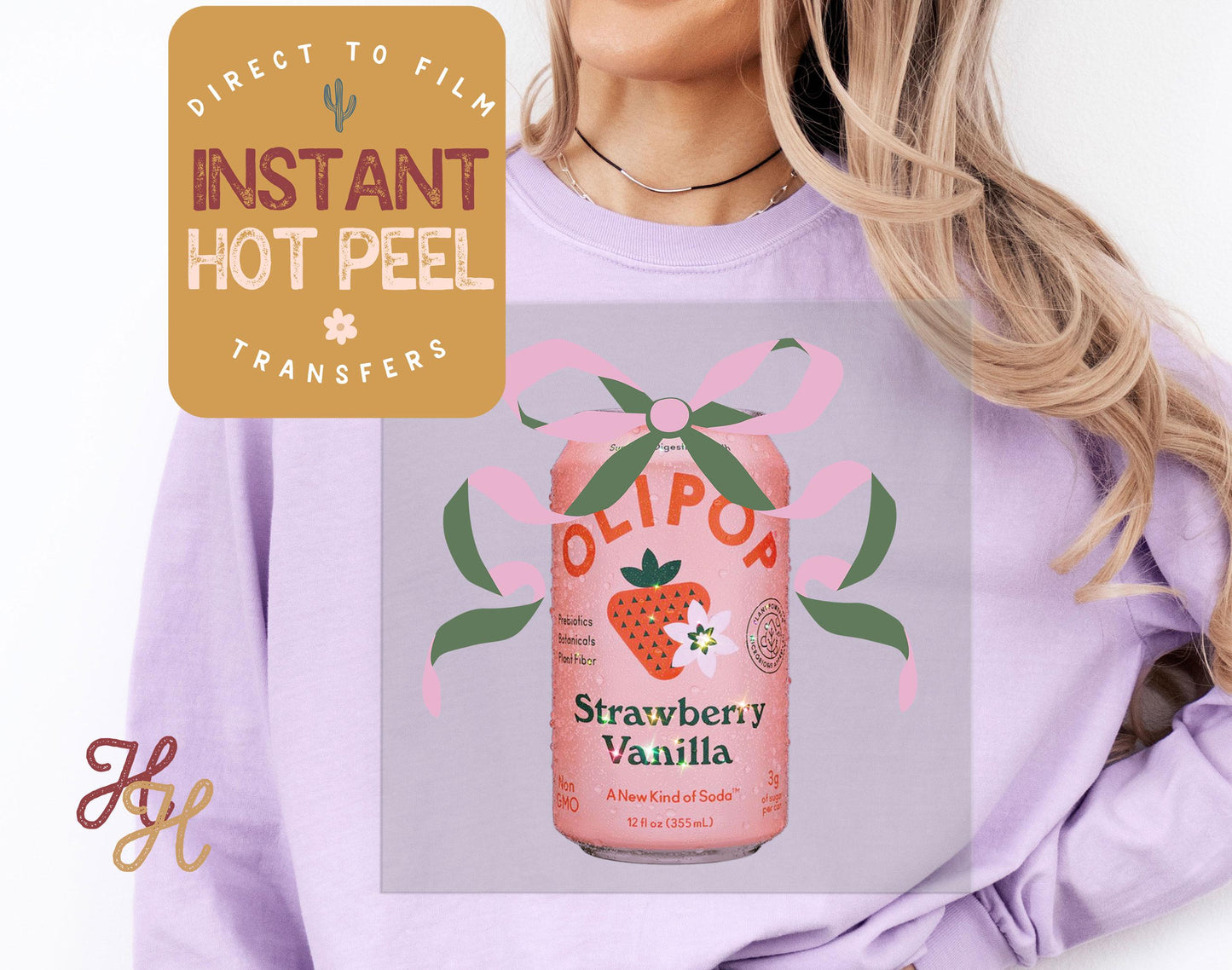 Olipop & Ribbon Strawberry Soda DTF Transfer Print, Ready to Press Shirt Transfers, Trendy DTG Heat Press Transfer, Instant Hot Peel Film