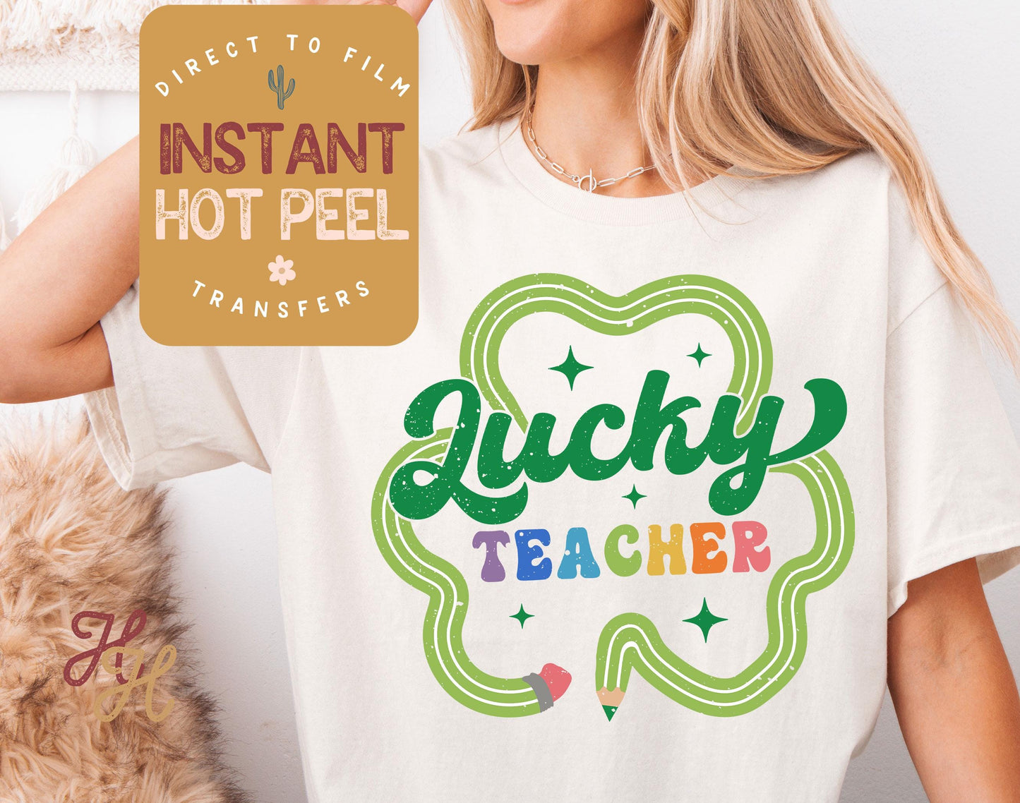 Lucky Teacher Shamrock Pencil St. Patricks Day DTF Transfer Print, Ready Press Shirt Transfers, Trendy Popular, DTG Heat Press Transfer