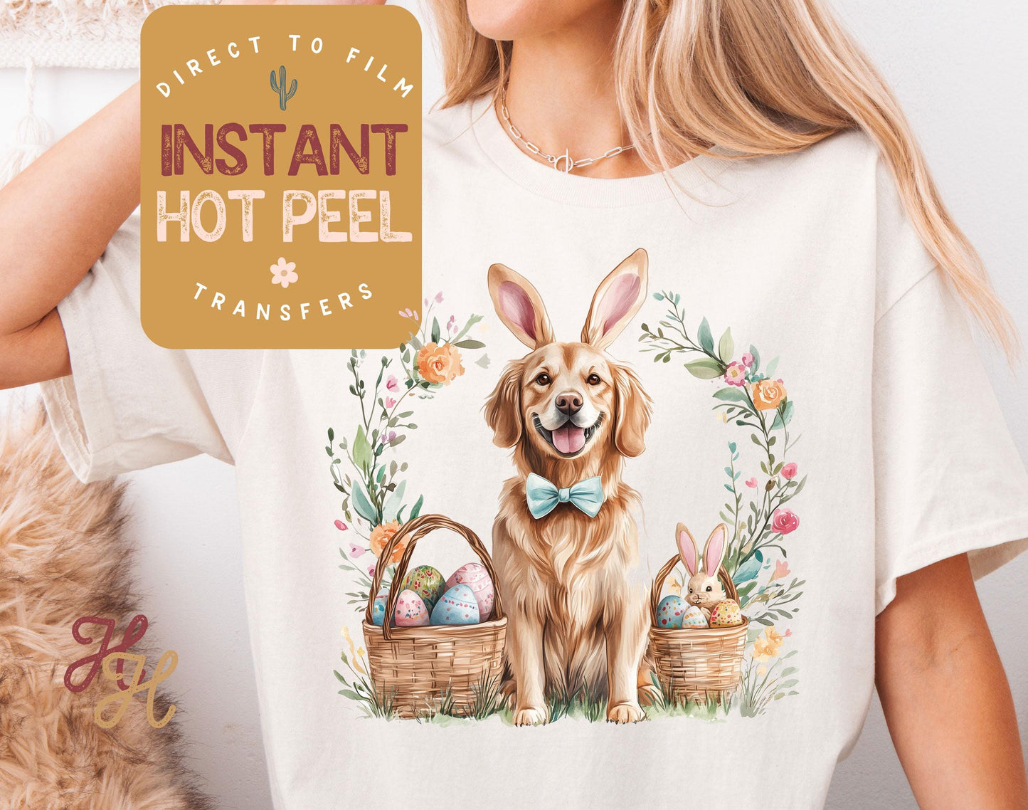 Easter Bunny Golden Retriever DTF Direct to Film Transfer, DTG Transfer Sheet, Ready for Press Transfers, DTG Sheet, Happy Easter Prints