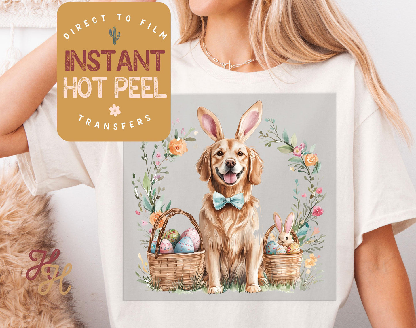 Easter Bunny Golden Retriever DTF Direct to Film Transfer, DTG Transfer Sheet, Ready for Press Transfers, DTG Sheet, Happy Easter Prints