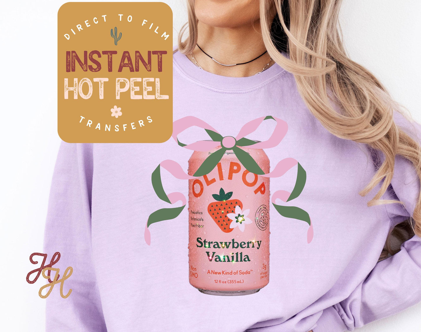 Olipop & Ribbon Strawberry Soda DTF Transfer Print, Ready to Press Shirt Transfers, Trendy DTG Heat Press Transfer, Instant Hot Peel Film