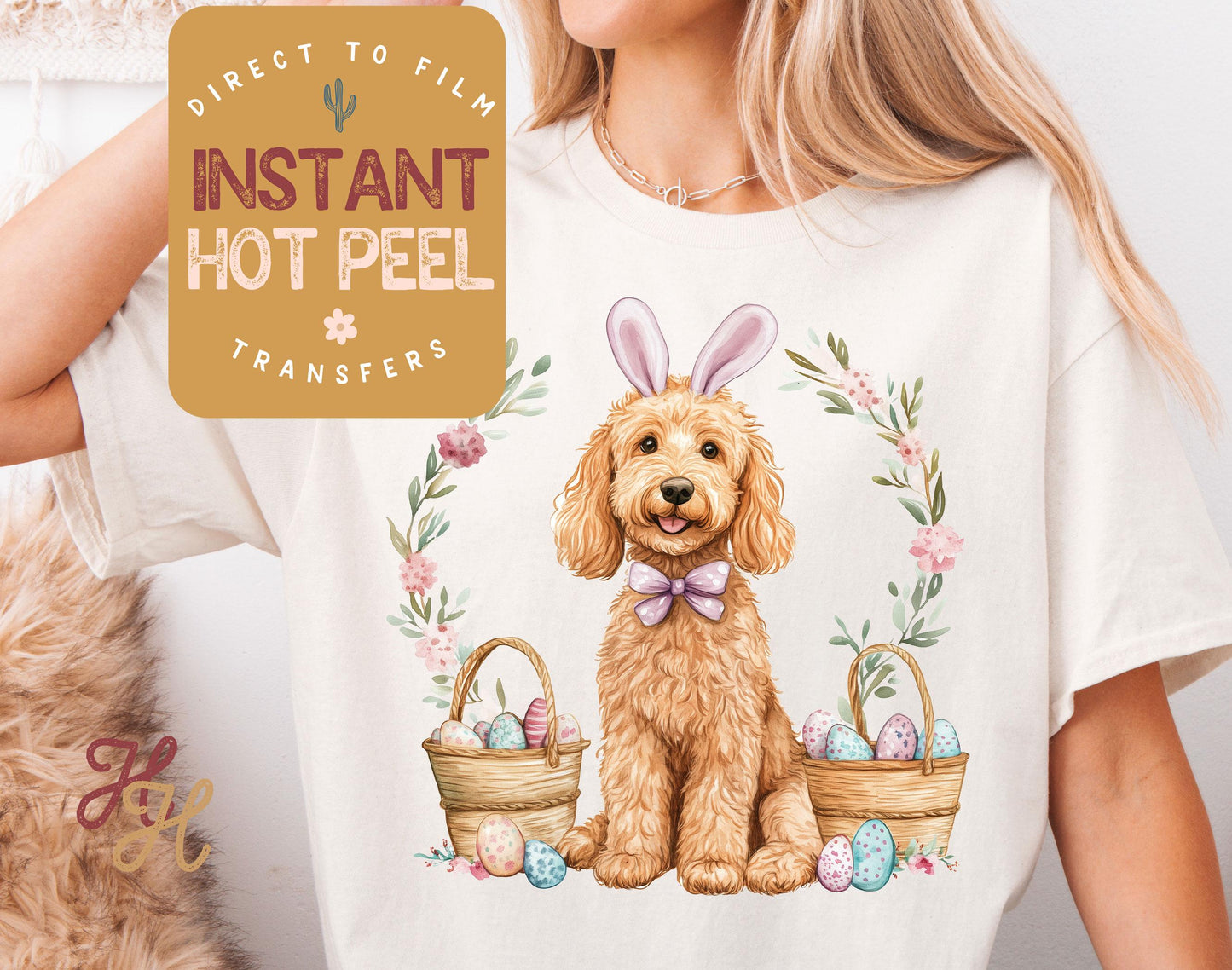 Easter Bunny Goldendoodle DTF Direct to Film Transfer, DTG Transfer Sheet, Ready for Press Transfers, DTG Sheet, Happy Easter Prints