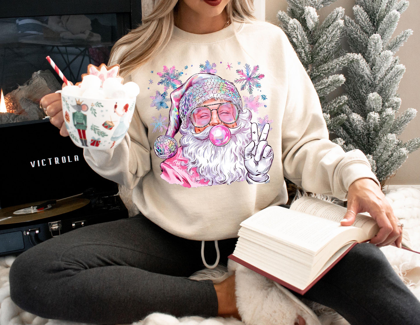 Pink Bubble Gum Santa Direct to Film Transfer, Bulk DTF Transfer Sheet, Ready for Press Transfers, DTG Sheet, Christmas Prints for Shirts