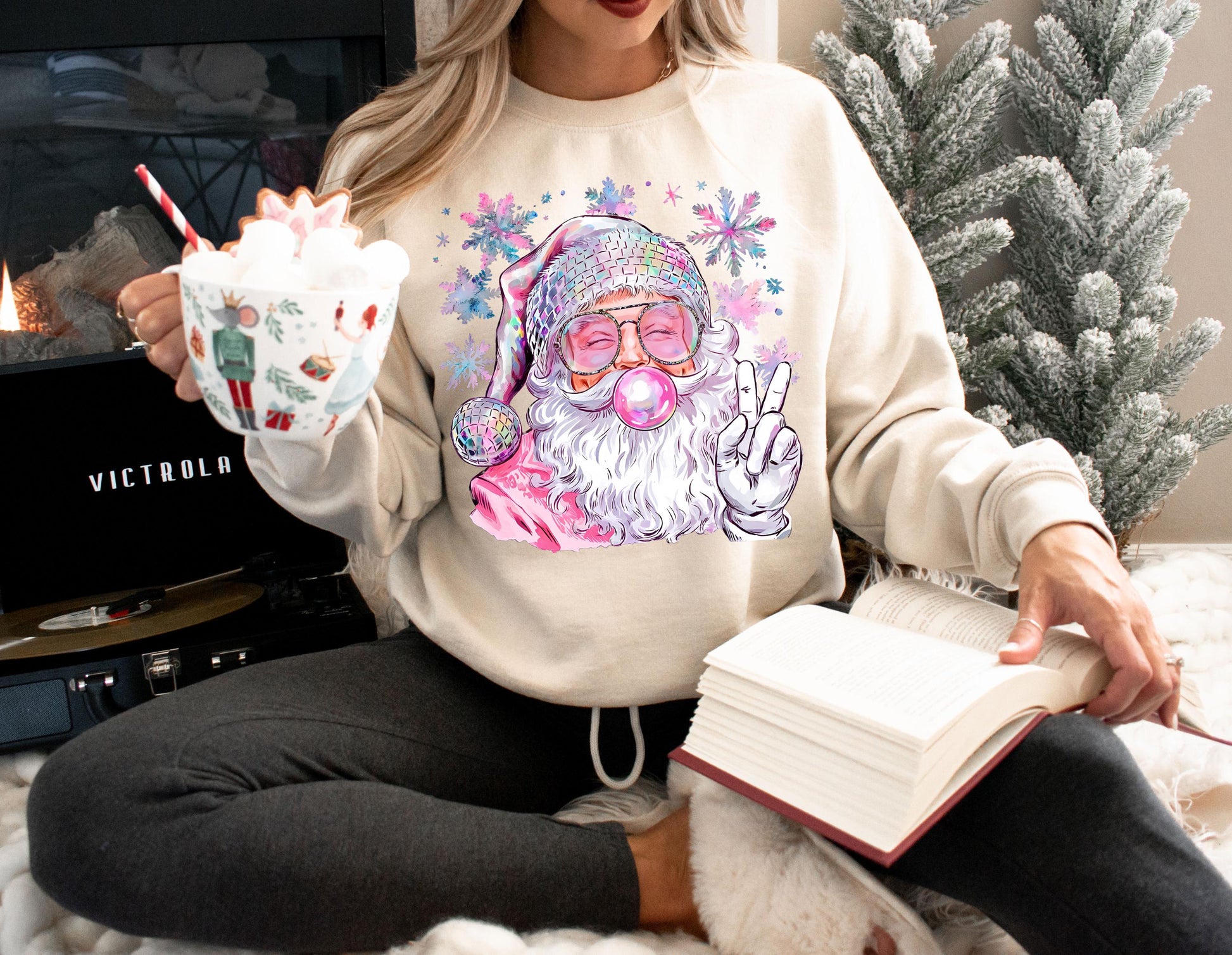 Pink Bubble Gum Santa Direct to Film Transfer, Bulk DTF Transfer Sheet, Ready for Press Transfers, DTG Sheet, Christmas Prints for Shirts