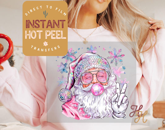 Pink Bubble Gum Santa Direct to Film Transfer, Bulk DTF Transfer Sheet, Ready for Press Transfers, DTG Sheet, Christmas Prints for Shirts