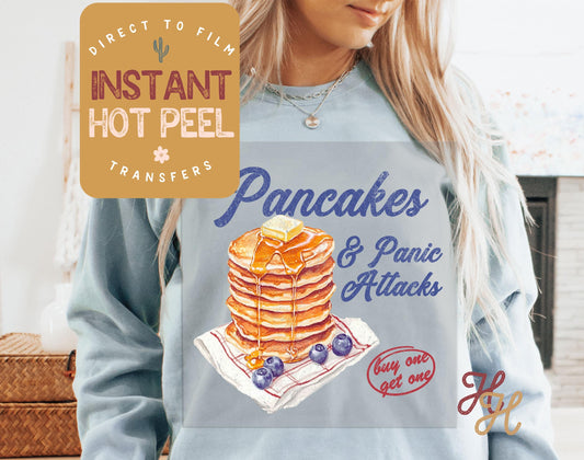 Pancakes and Panic Attacks Direct to Film Transfer, DTG Transfer, Ready for Press Transfers, DTG Sheet, Funny Mental Health Shirt Prints