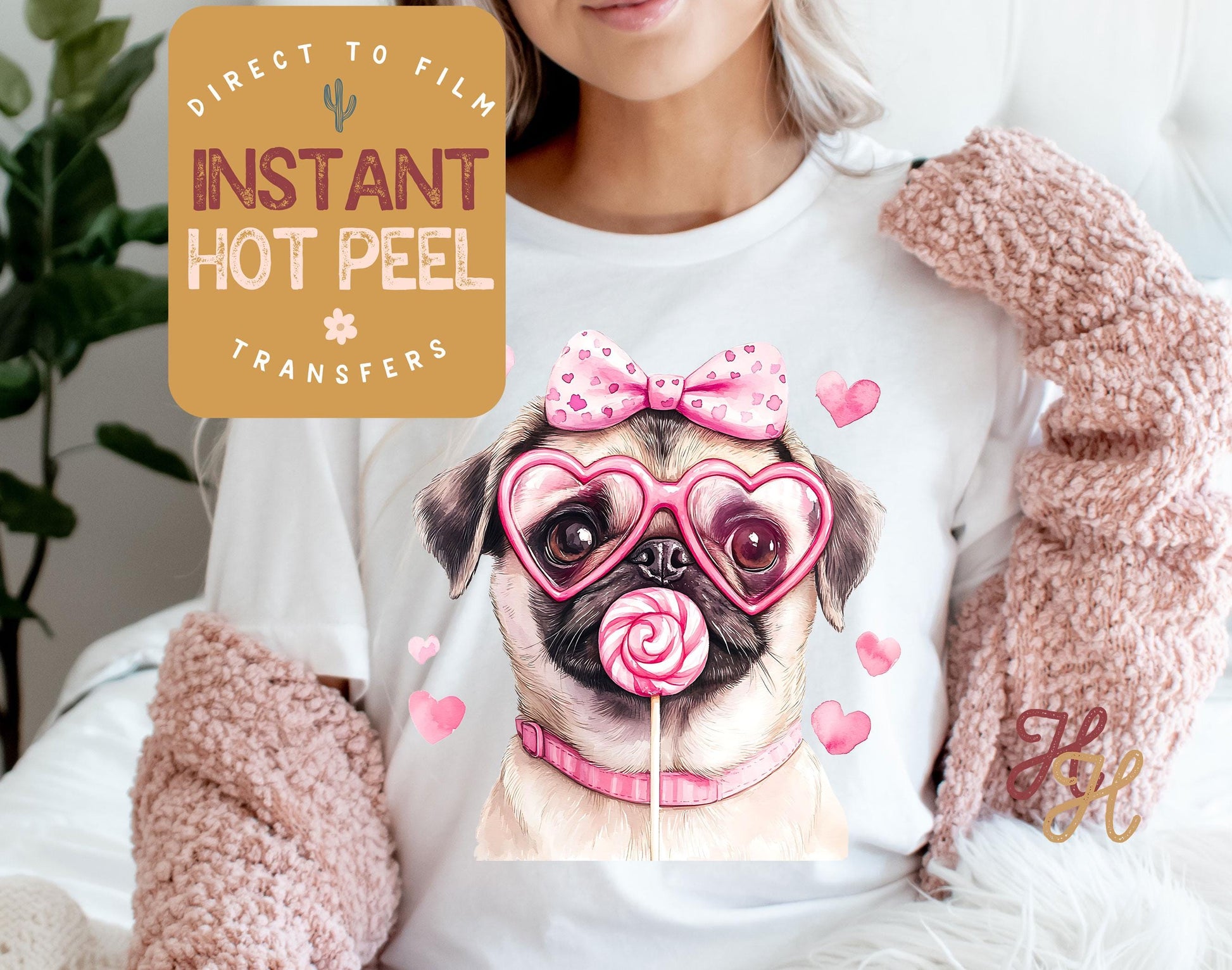 Pug Dog Valentines DTF Transfer Print, Ready to Press Shirt Transfers, Trendy Vday DTG Heat Press Transfer, Instant Hot Peel Film