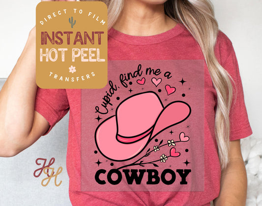 Cupid Find me a Cowboy Valentines DTF Transfer Print, Ready to Press Shirt Transfers, Trendy Vday DTG Heat Press Transfer, Instant Hot Peel
