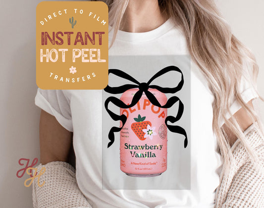 Olipop & Ribbon Strawberry Soda DTF Transfer Print, Ready to Press Shirt Transfers, Trendy DTG Heat Press Transfer, Instant Hot Peel Film