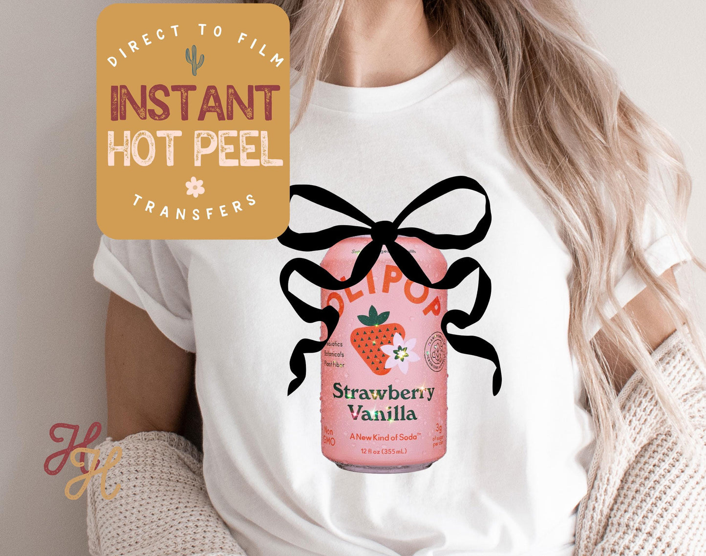 Olipop & Ribbon Strawberry Soda DTF Transfer Print, Ready to Press Shirt Transfers, Trendy DTG Heat Press Transfer, Instant Hot Peel Film