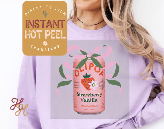 Olipop & Ribbon Strawberry Soda DTF Transfer Print, Ready to Press Shirt Transfers, Trendy DTG Heat Press Transfer, Instant Hot Peel Film