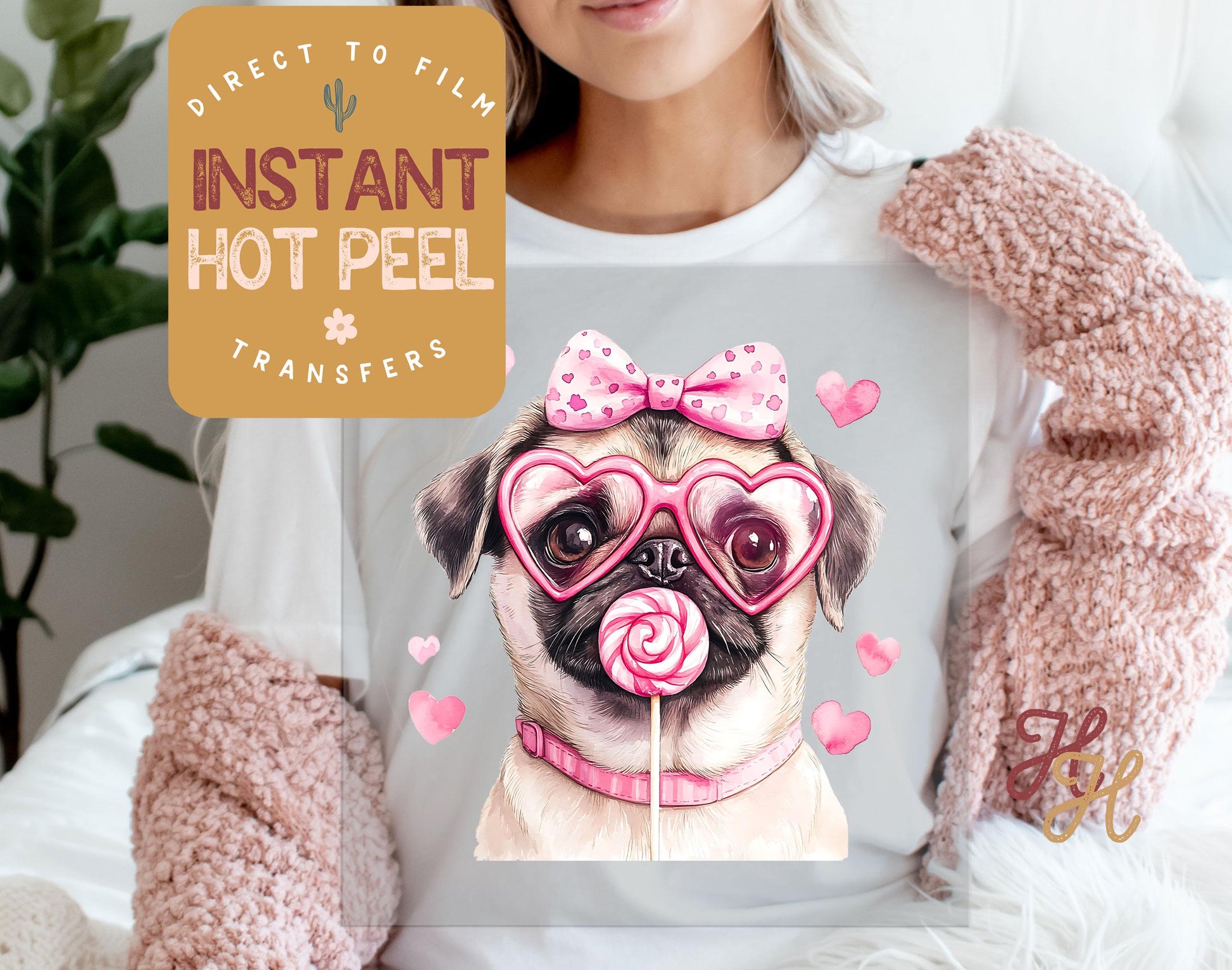 Pug Dog Valentines DTF Transfer Print, Ready to Press Shirt Transfers, Trendy Vday DTG Heat Press Transfer, Instant Hot Peel Film