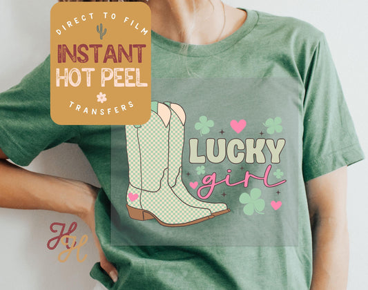 Lucky Girl Boots St. Patricks Day DTF Transfer Print, Ready to Press Shirt Transfers, Trendy DTG Heat Press Transfer, Instant Hot Peel