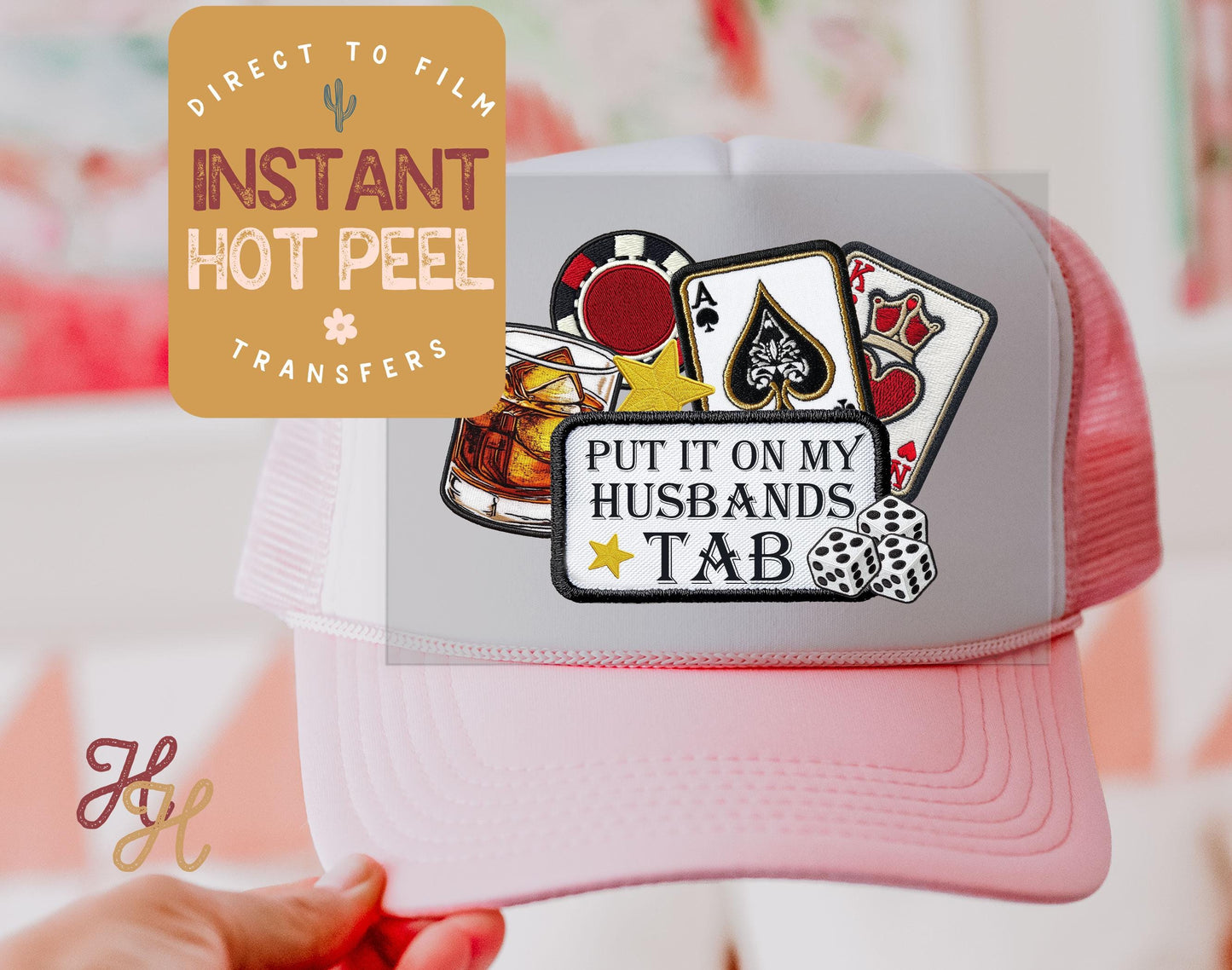 Faux Patch Husbands Tab Trucker Hat DTF Transfers, Bride Hat Heat Transfer, Direct to Film Transfer, Bulk Transfer Sheet, Ready to Press DTG