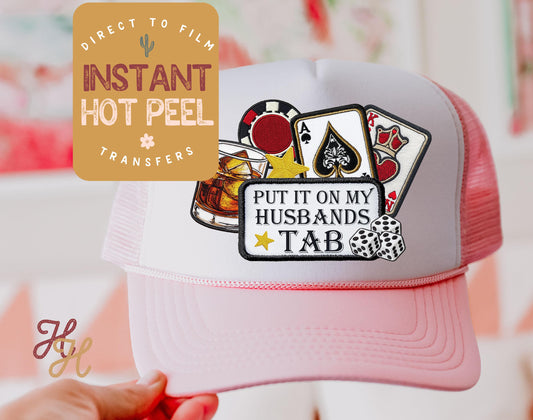 Faux Patch Husbands Tab Trucker Hat DTF Transfers, Bride Hat Heat Transfer, Direct to Film Transfer, Bulk Transfer Sheet, Ready to Press DTG