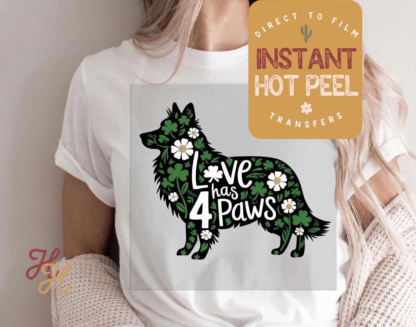 Love has 4 Paws Border Collie St. Patricks Day DTF Transfer Print, Ready Press Shirt Transfers, Trendy DTG Heat Press Transfer, Instant Peel