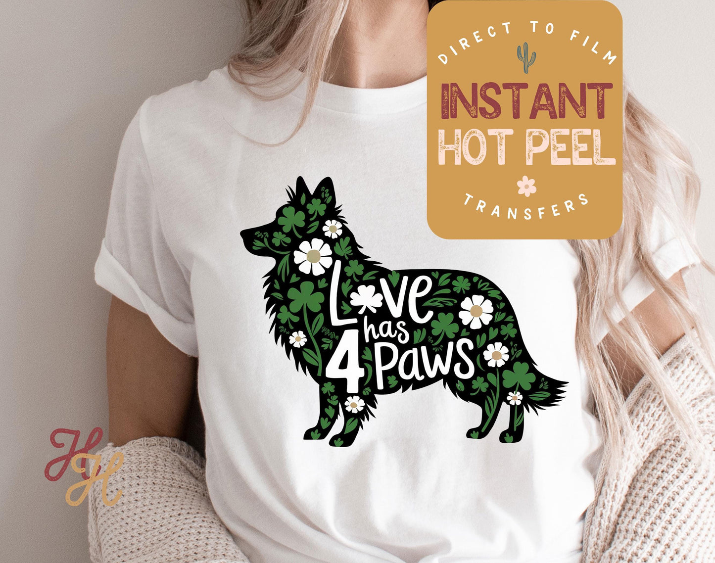 Love has 4 Paws Border Collie St. Patricks Day DTF Transfer Print, Ready Press Shirt Transfers, Trendy DTG Heat Press Transfer, Instant Peel