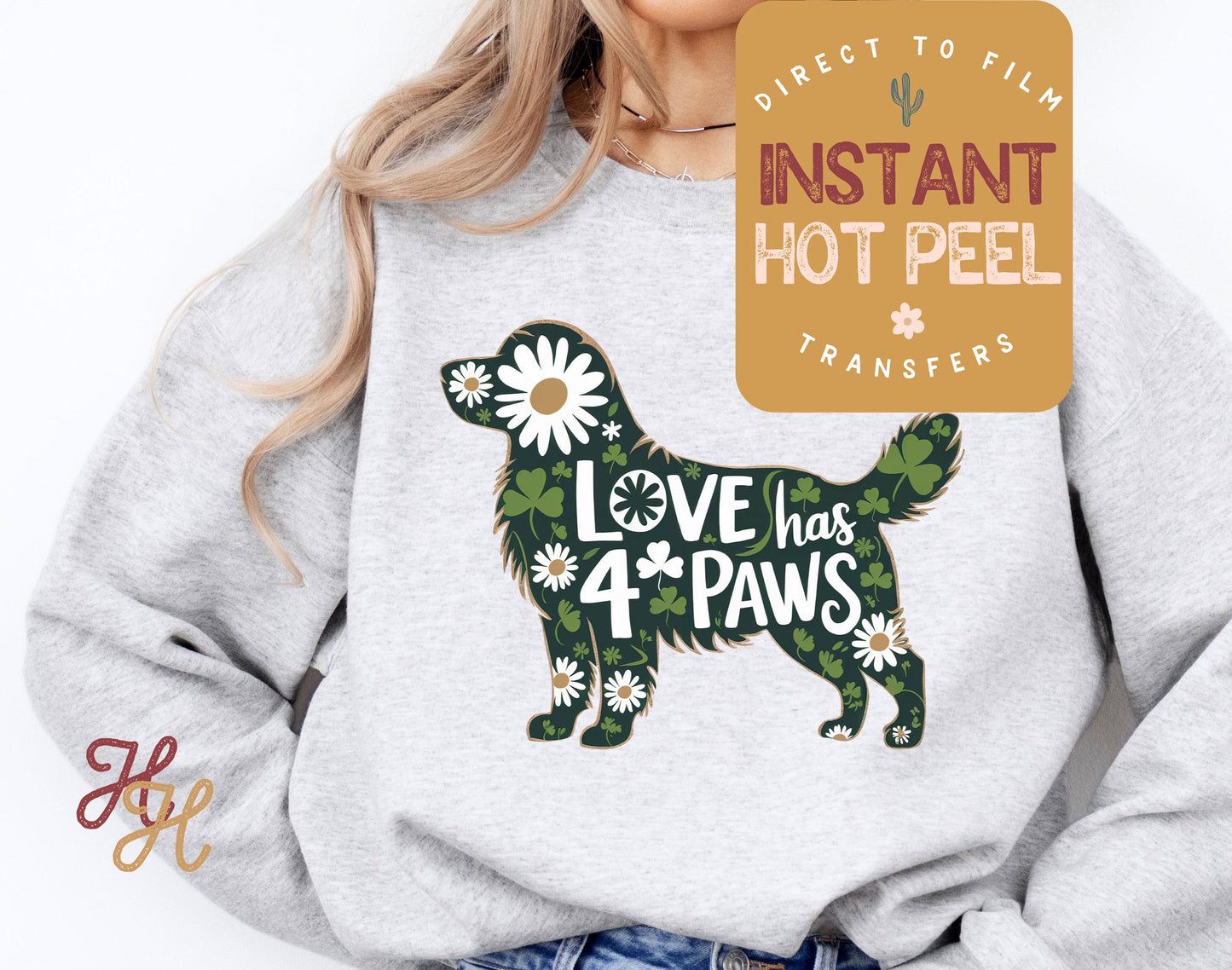 Love has 4 Paws Golden Retriever St. Patricks Day DTF Transfer Print, Ready Press Shirt Transfers, Trendy Popular, DTG Heat Press Transfer