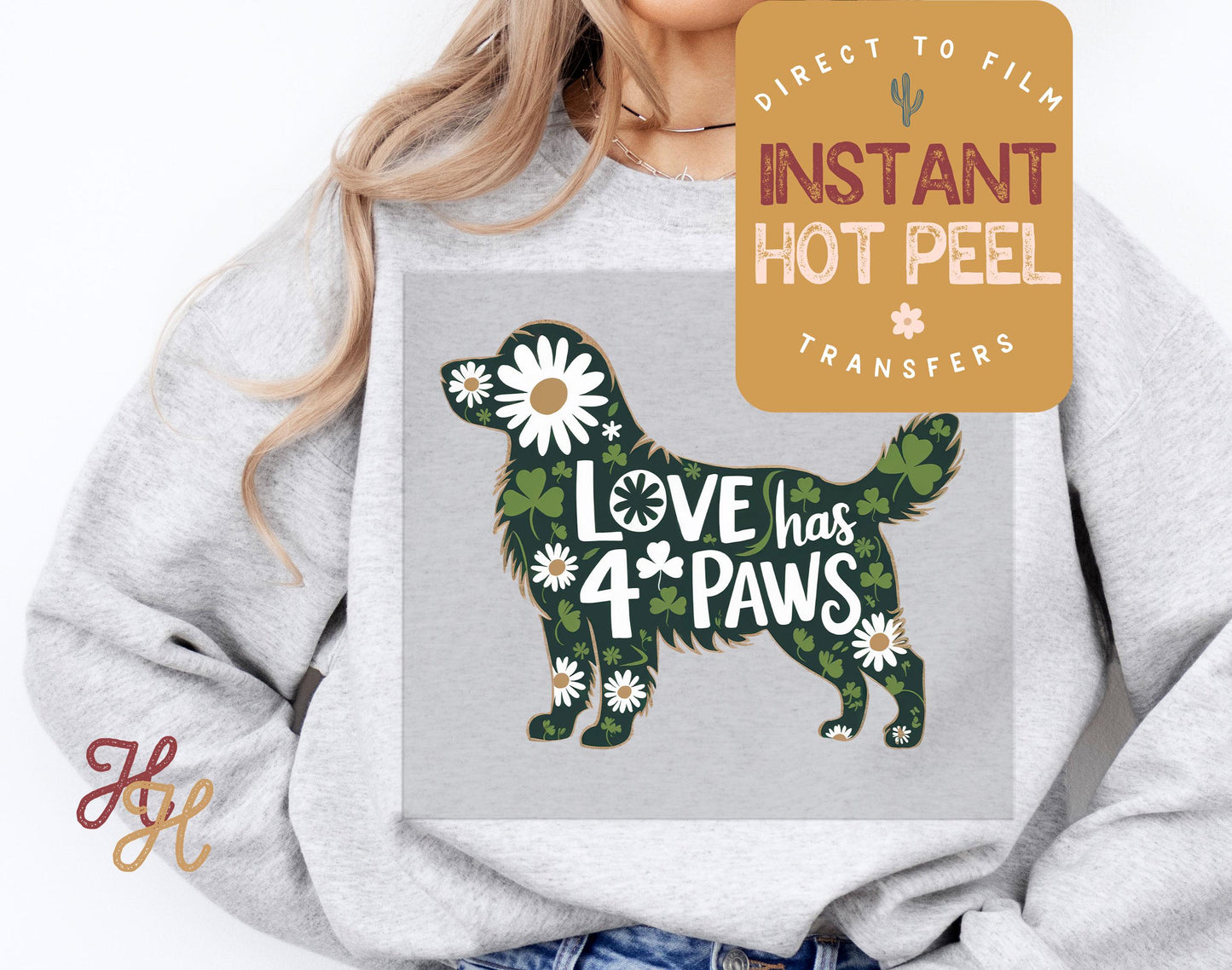 Love has 4 Paws Golden Retriever St. Patricks Day DTF Transfer Print, Ready Press Shirt Transfers, Trendy Popular, DTG Heat Press Transfer