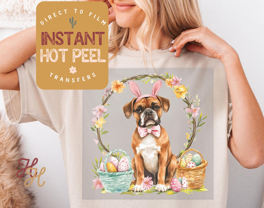 Easter Bunny Boxer Dog DTF Direct to Film Transfer, DTG Transfer Sheet, Ready for Press Transfers, DTG Sheet, Happy Easter Prints