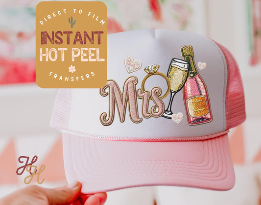 Faux Patch Mrs Bridal Trucker Hat DTF Transfers, Bride Hat Heat Transfer, Direct to Film Transfer, Bulk Transfer Sheet, Ready for Press DTG